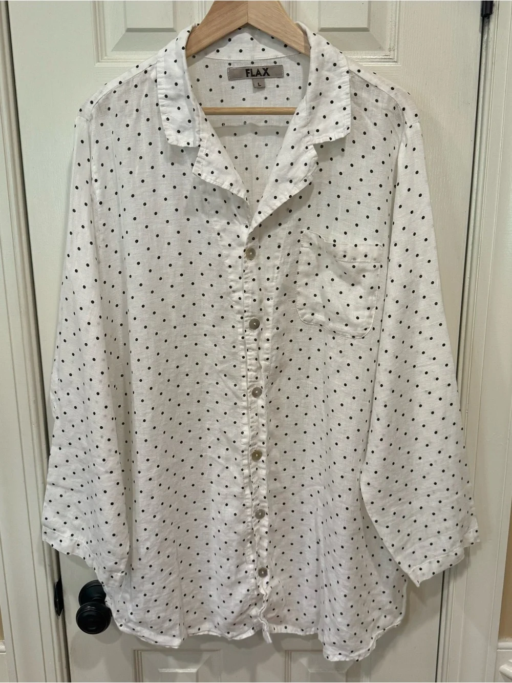 NEW Flax Linen 2 Piece Pajama Set Button Top Wide Pants Polka Dots L top M pants
